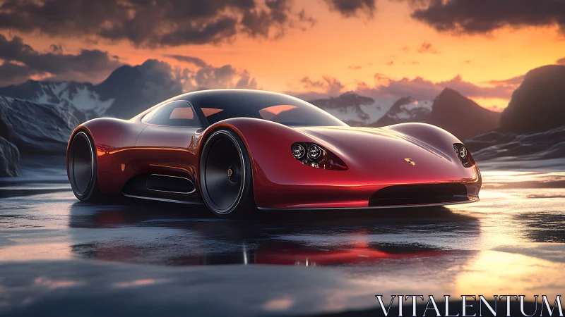 Low-slung red hypercar on reflective icy plateau at sunset