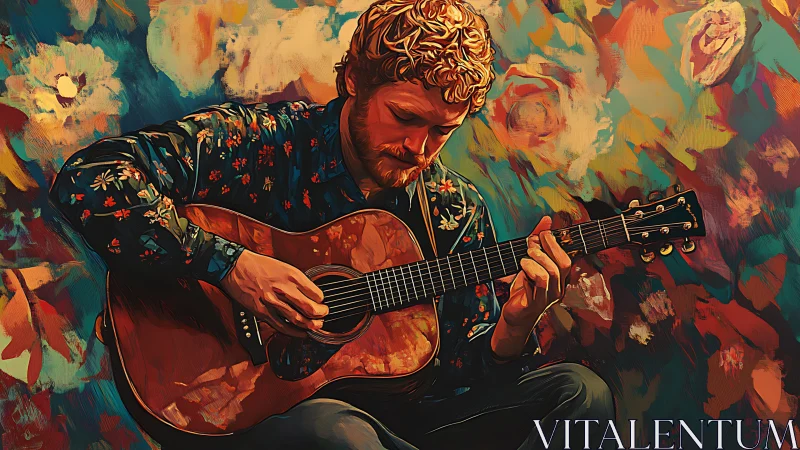 Acoustic guitarist in floral shirt against abstract chromatic backdrop
