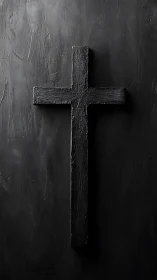 Monochrome textured wooden cross on matte black plaster wall
