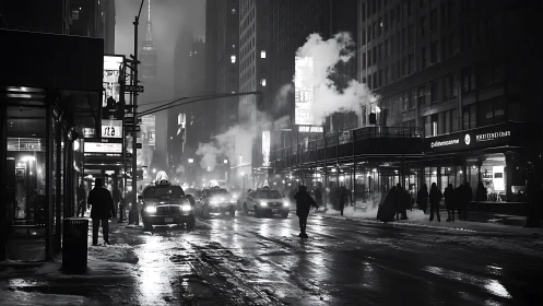 Noir winter city street with taxis and steam at night.