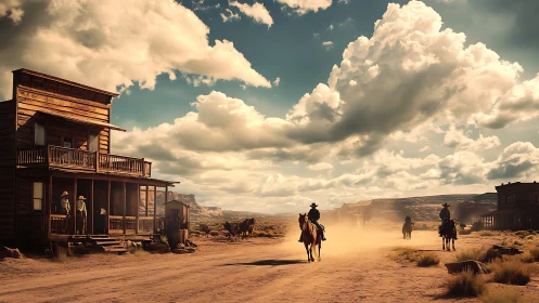 High-contrast western street with horseback riders under volumetric clouds