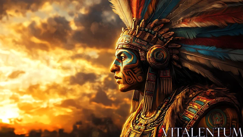 Sunlit warrior profile with ornate feathered headdress.