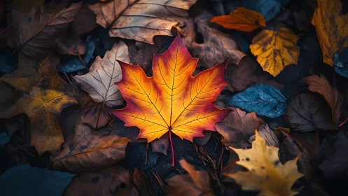 Sunlit maple leaf glowing gently in a quiet autumn nest.