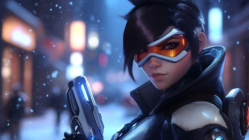 Cyberpunk heroine portrait with neon-lit urban snowfall focus.