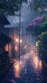 Rainy evening alley with reflections and soft lantern glow.