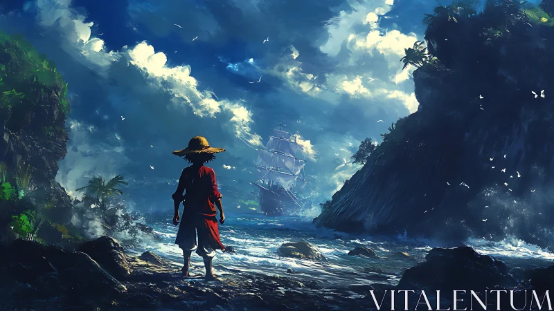 Figure observes sailing ship between rocky coastal cliffs