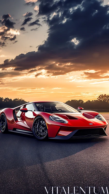 Red mid-engine sports car is parked on an empty roadway