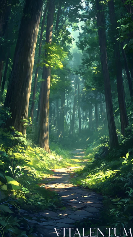 Forest pathway through towering conifers with filtered sunlight