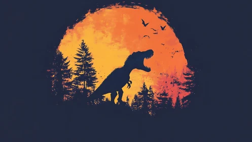 Tyrannosaurus silhouette stands before fiery sunset disc