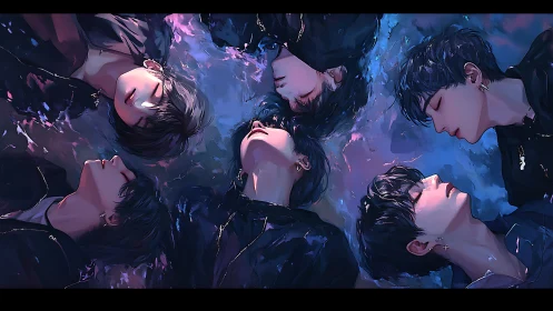 Nocturnal youth circle under iridescent reflected water.