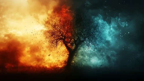 Solitary tree quietly balancing raging fire and cool night