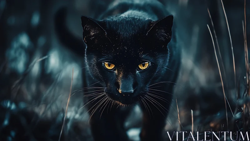 Midnight black cat with golden eyes in soft moody light.