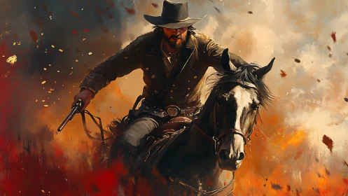 Lone gunslinger rides through blazing dust storm