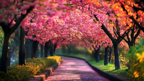 Cherry blossom avenue glows with soft spring evening light