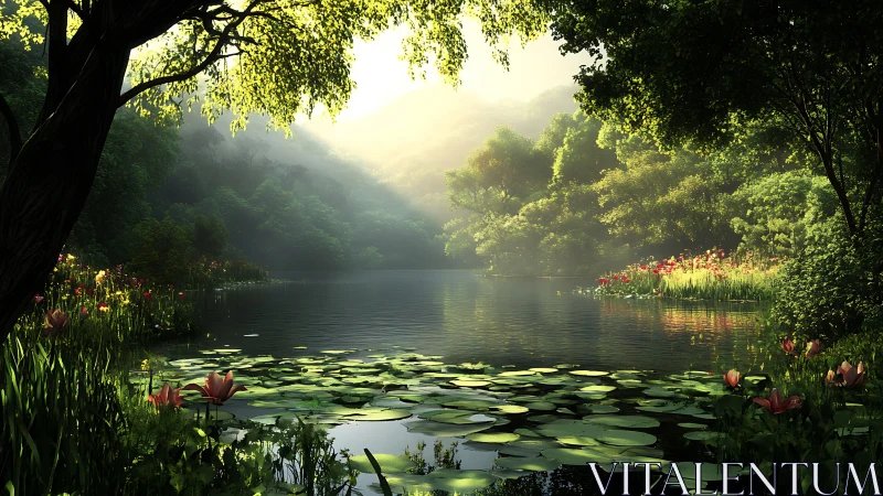 Sunlit forest lake with lilies and dense green foliage.