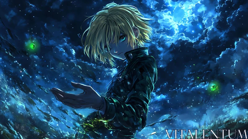 Starlit young mage gently commands swirling cosmic night