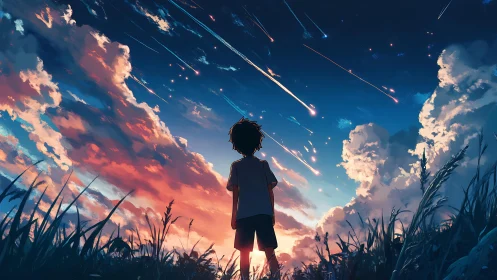 Boy beneath blazing meteor shower at sunset sky.