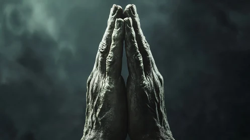 Weathered human hands press together vertically in darkness