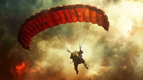 Parachutist descends under blazing red canopy through storm clouds.