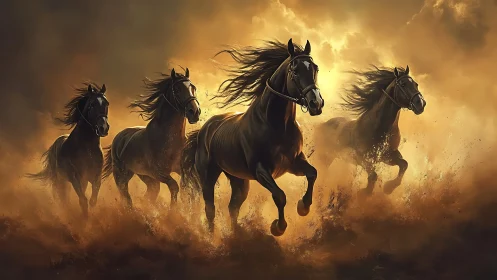 Cowboys on horseback traverse arid canyon landscape scene.