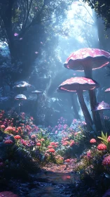 Enchanted forest glade with luminous towering mushrooms.