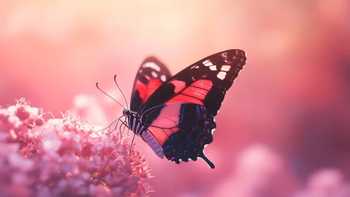 Butterfly rests on clustered blossom in shallow depth of field