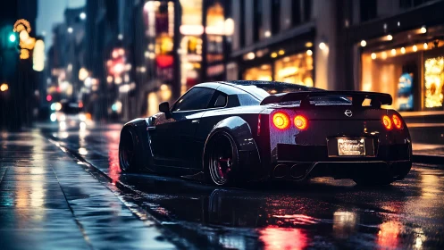 Rain-soaked GT sports coupe under neon urban luminance at dusk.