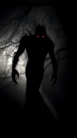 Shadow creature silhouette with glowing eyes in forest.