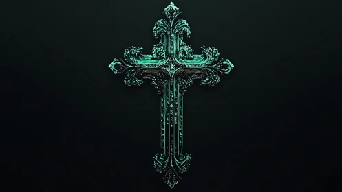 Intricate emerald cross glows against deep shadowed background.