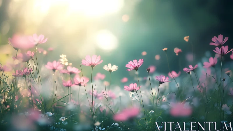 Soft Focus Daisy Field in Diffused Golden-Green Light.