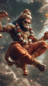 Celestial warrior monkey kicks fire through swirling storm clouds