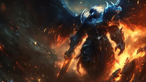 Molten-etched infernal warlord in ornate obsidian plate armor.