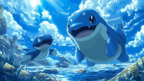 Playful blue sea creatures soar above a sparkling ocean.