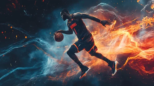 Kinetic basketball dribble framed by elemental flame vectors.