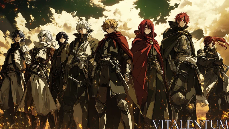 Armored fantasy squad stands united under blazing sky