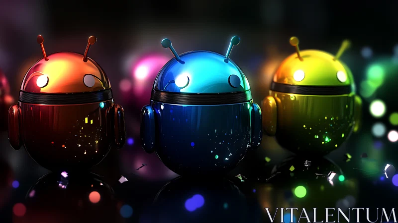 3D chrome android mascots in luminous triadic spectrum alignment.