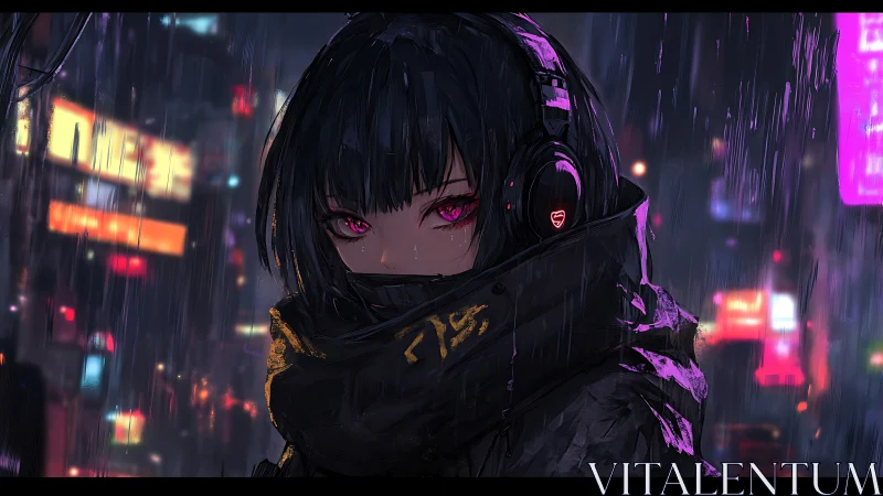 Hooded cyberpunk girl studies neon city through rain