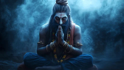 Sacred yogi bows in quiet blue mist, radiating deep peace