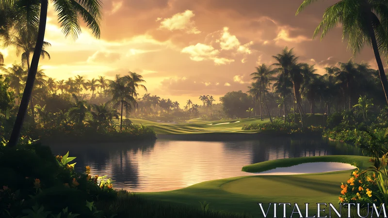 Tropical golf lagoon under glowing sunset sky panorama.