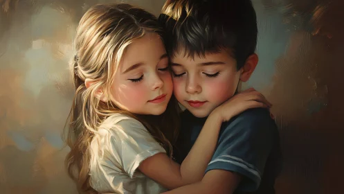 Two Children Share a Tender Embrace in Warm Light.