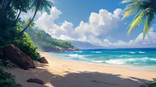 Tropical Shoreline with Palm Trees and Ocean Waves.