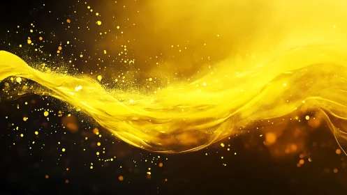 Abstract golden swirl with glowing particles on dark background.