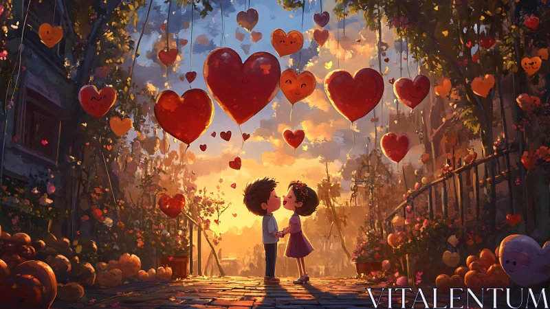 Two Children Kiss Under Glowing Heart Canopy.