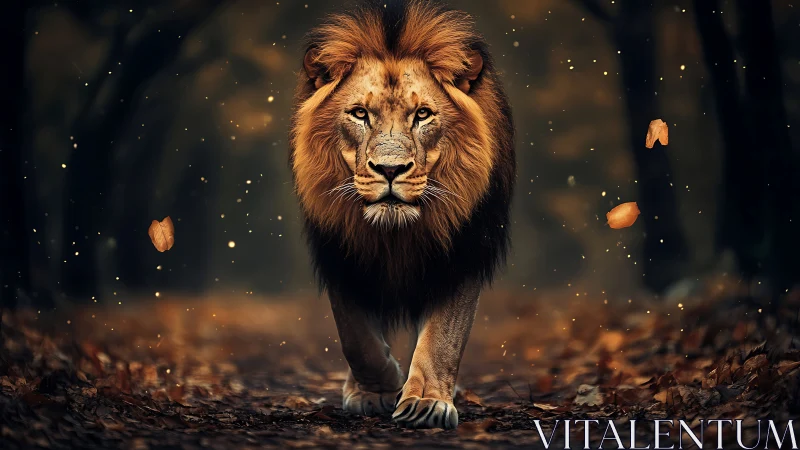 Powerful lion strides through glowing autumn forest path.