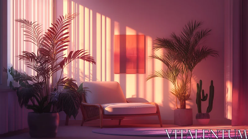 Digital painting of tropical lounge with warm sunset gradients.