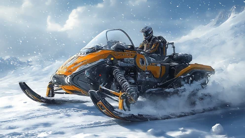 Futuristic orange snowmobile carving powder through alpine blizzard.