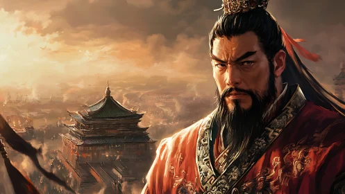 Imperial warlord surveys burning ancient capital at dusk