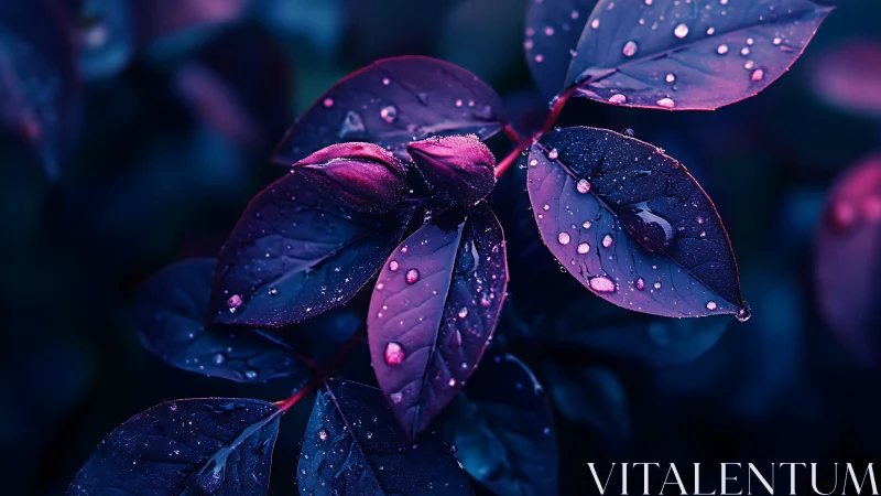 Close-up leaves with water droplets under neon-toned light
