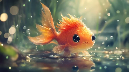 Digital illustration shows stylized goldfish in shallow water