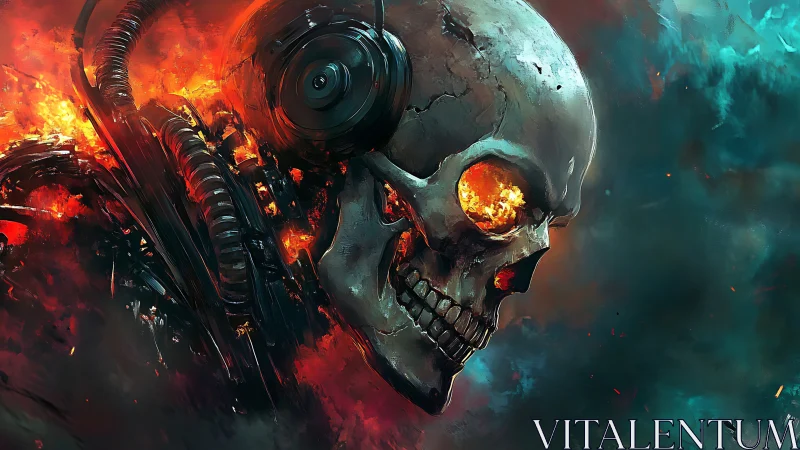 Flaming cyborg skull with headset emerges from burning void